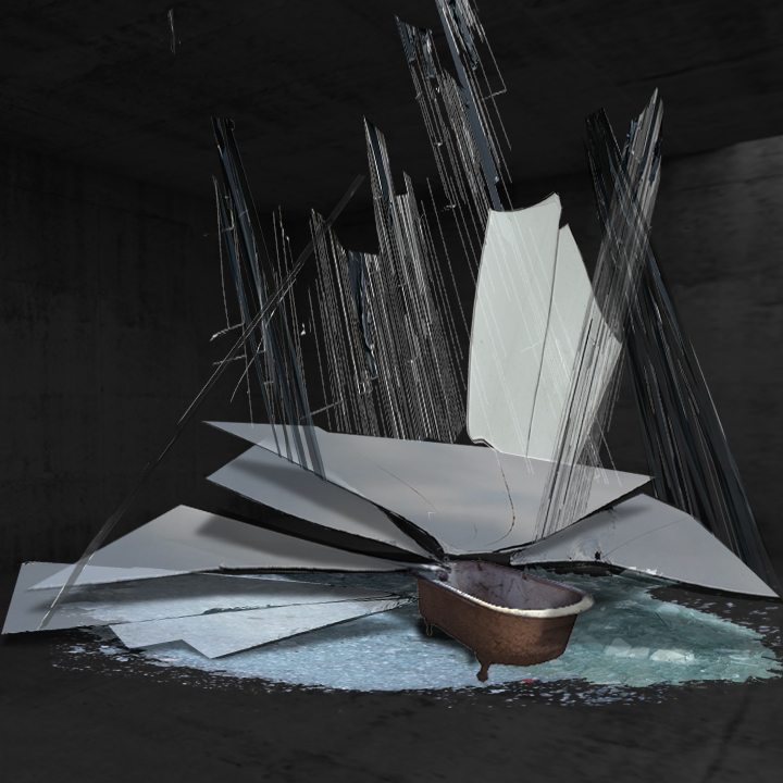Abstract architecture, empty concrete room interior with opening in ceiling, 3d illustration, blue sky background