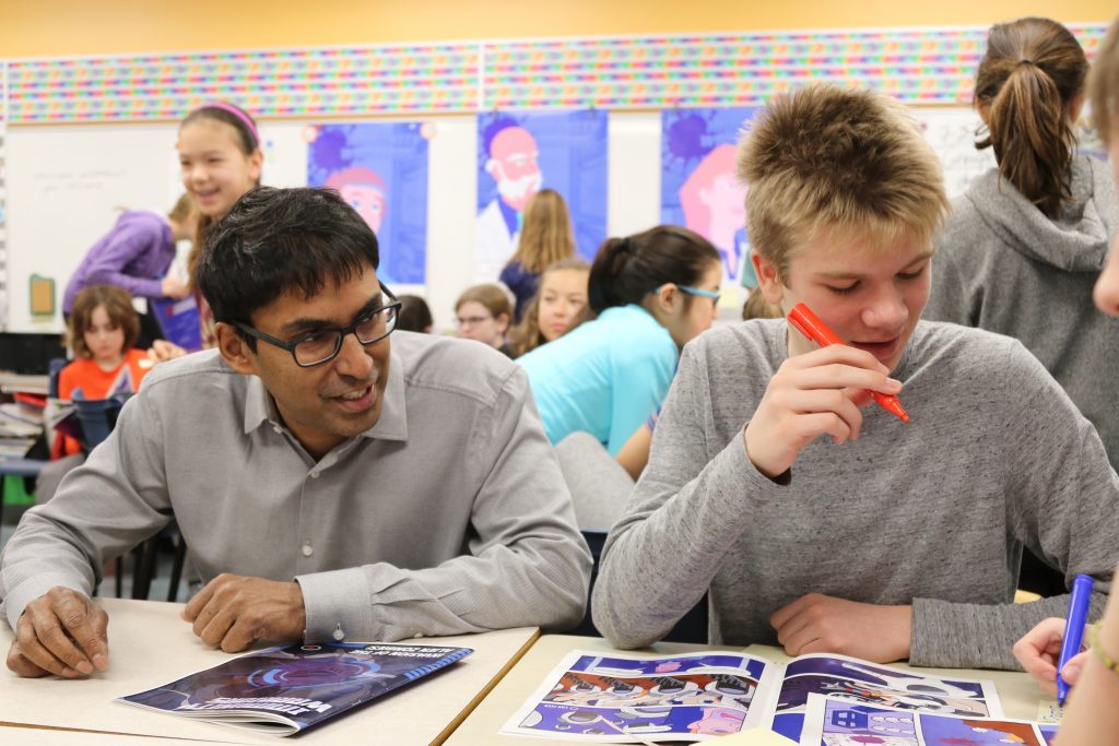 Dr. Kumanan Wilson and grade 7 students from Broadview Public School.