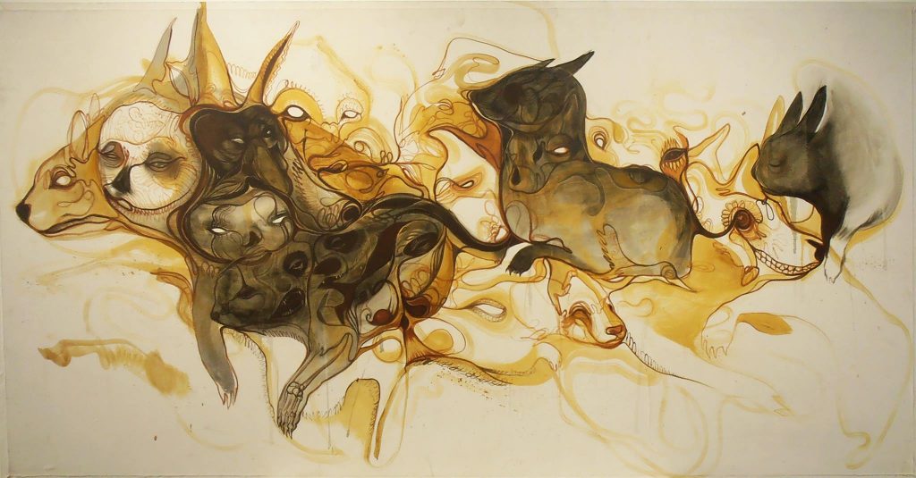Stefan Thompson Large Animal Collage. Tempura and soot on cotton cloth wrapped on wooden board.