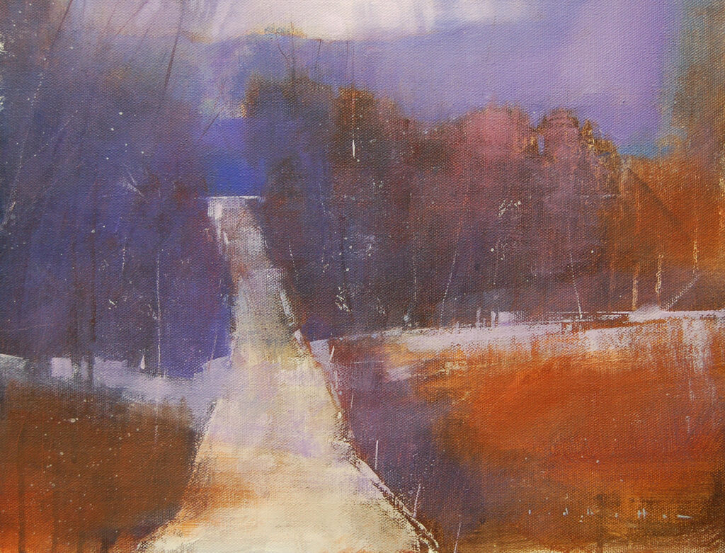 Orange and purple painting of a path ahead surrounded by trees